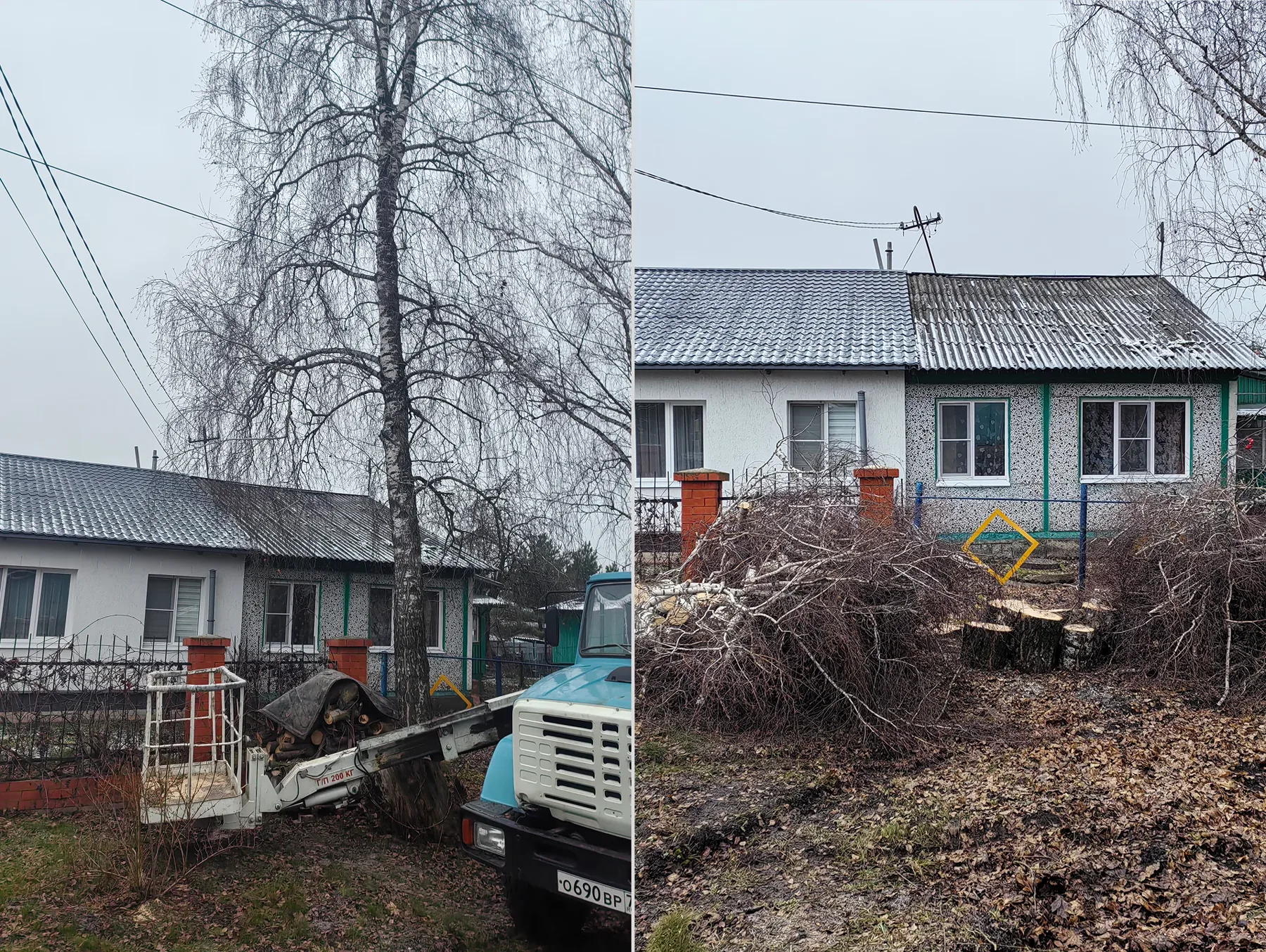 Берёза рядом с жилым домом до спила и участок после завершения работ