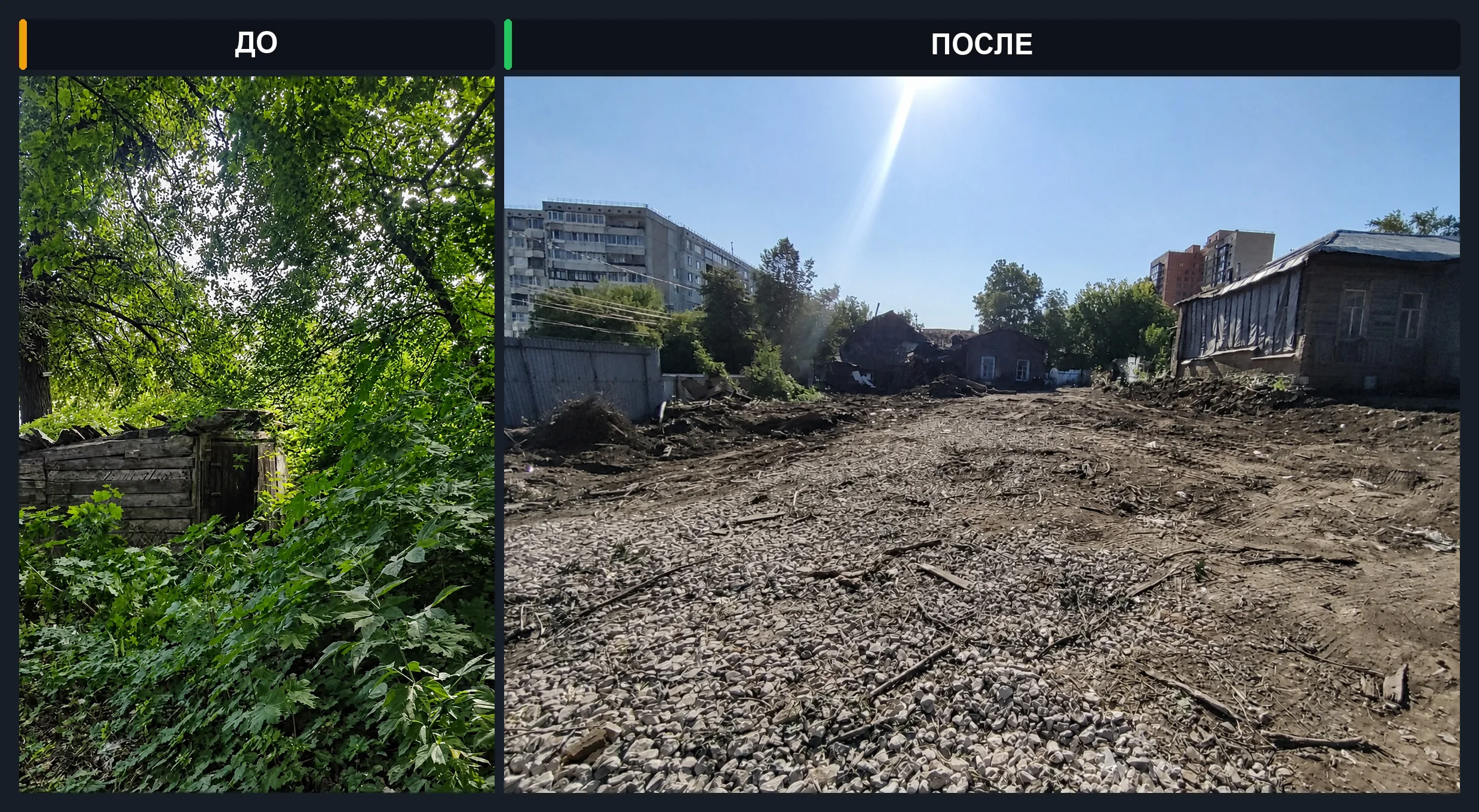 Участок в центре Тулы до расчистки и освобождённая территория после удаления зарослей