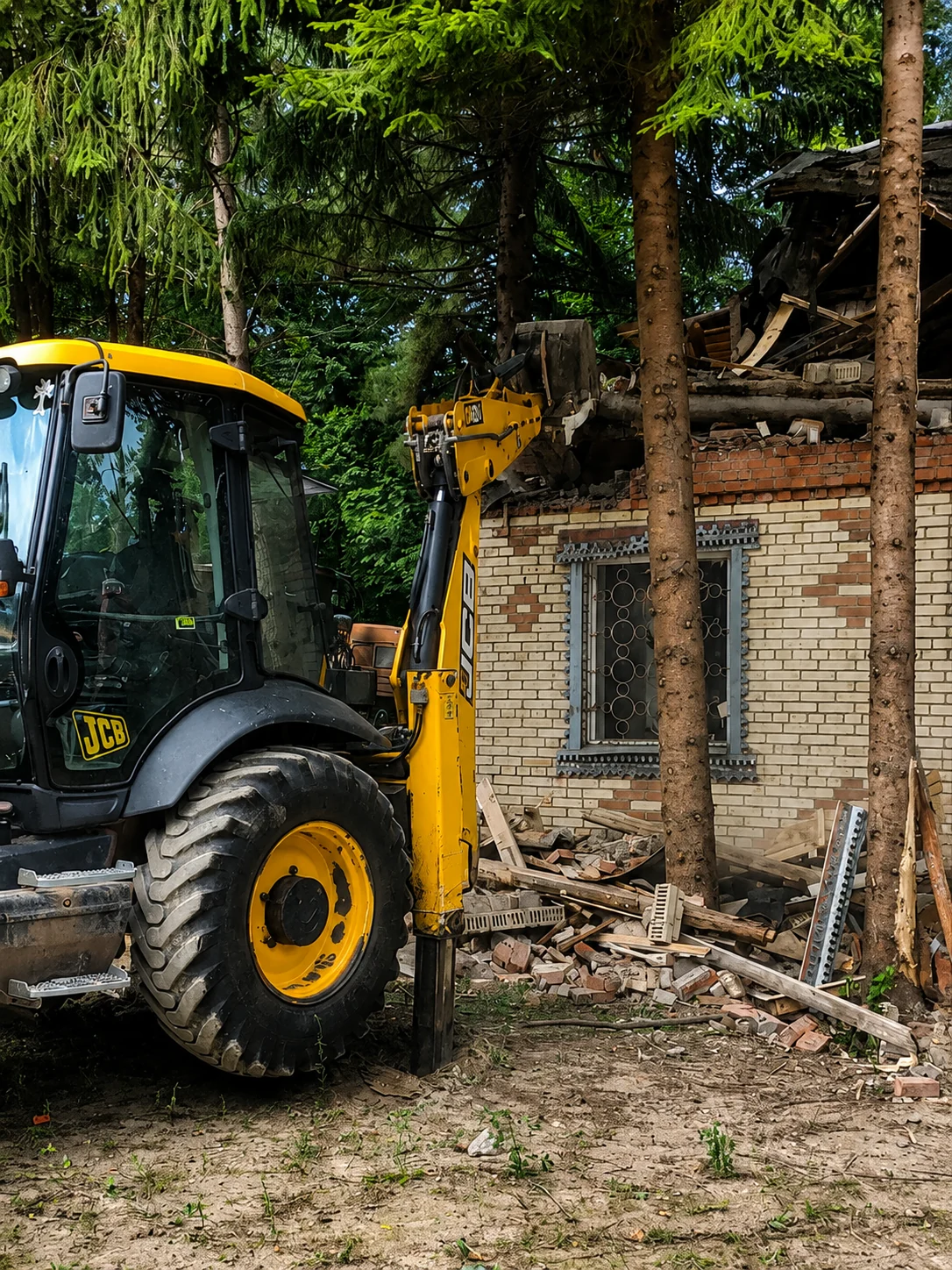 Экскаватор-погрузчик JCB разбирает кирпичный дом среди деревьев